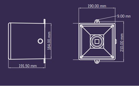 White on blue technical drawing of a rectangular housing dimensions.