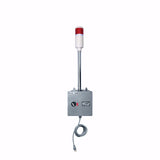 Red pole-mounted industrial signal light on grey down timer with one digital display on a white background.
