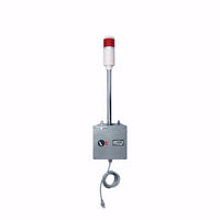 Red pole-mounted industrial signal light on grey down timer with one digital display on a white background.