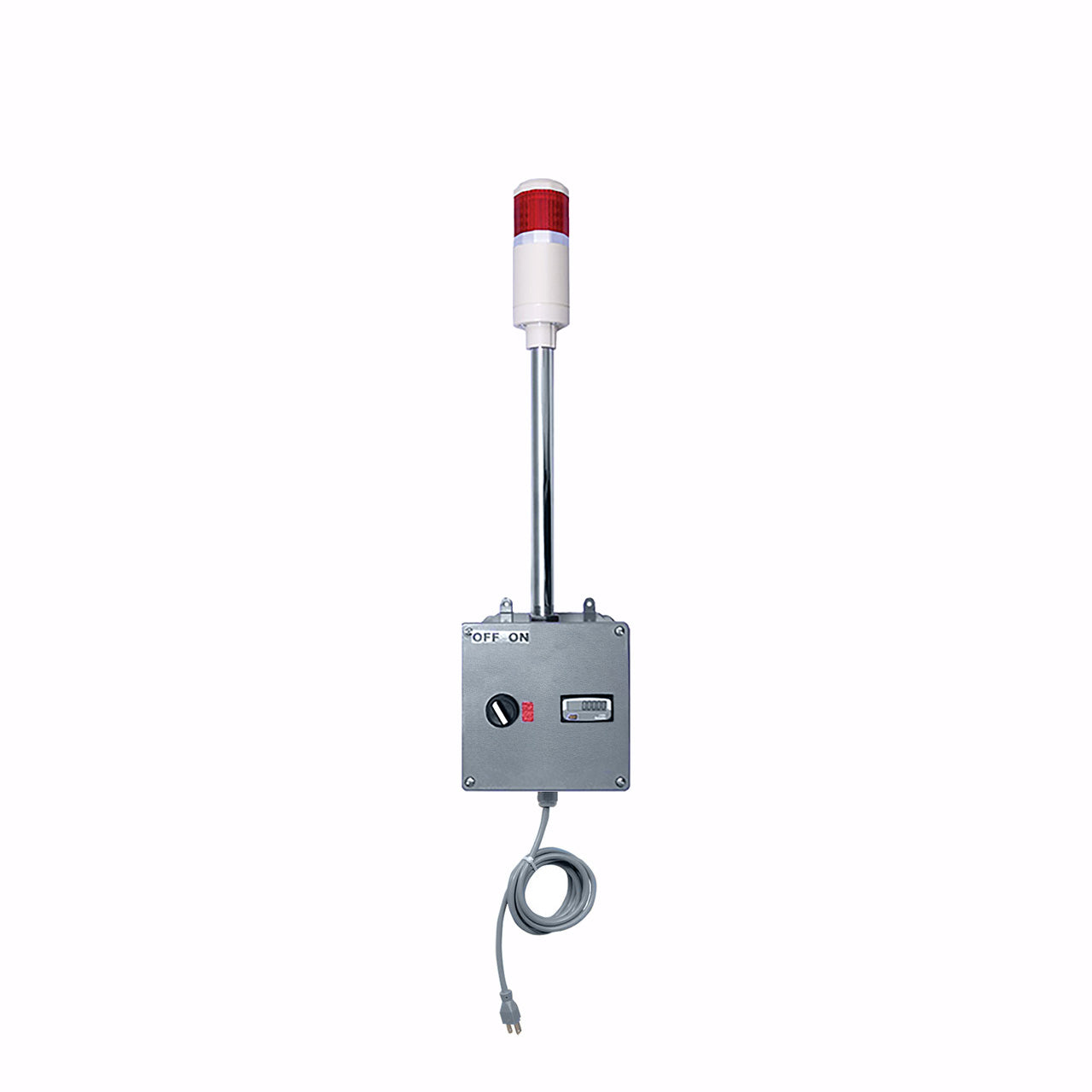 Red pole-mounted industrial signal light on grey down timer with one digital display on a white background.