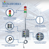 'Signaworks' branded graphic featuring prism lens, enclosure, selector switches, chrome pole and black power cord.