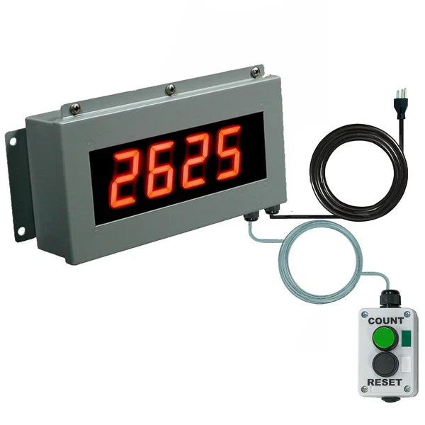 Digital display with red numbers and a control box on a white background
