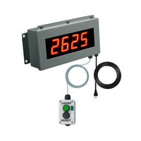 Digital display with red numbers and a control panel on a white background