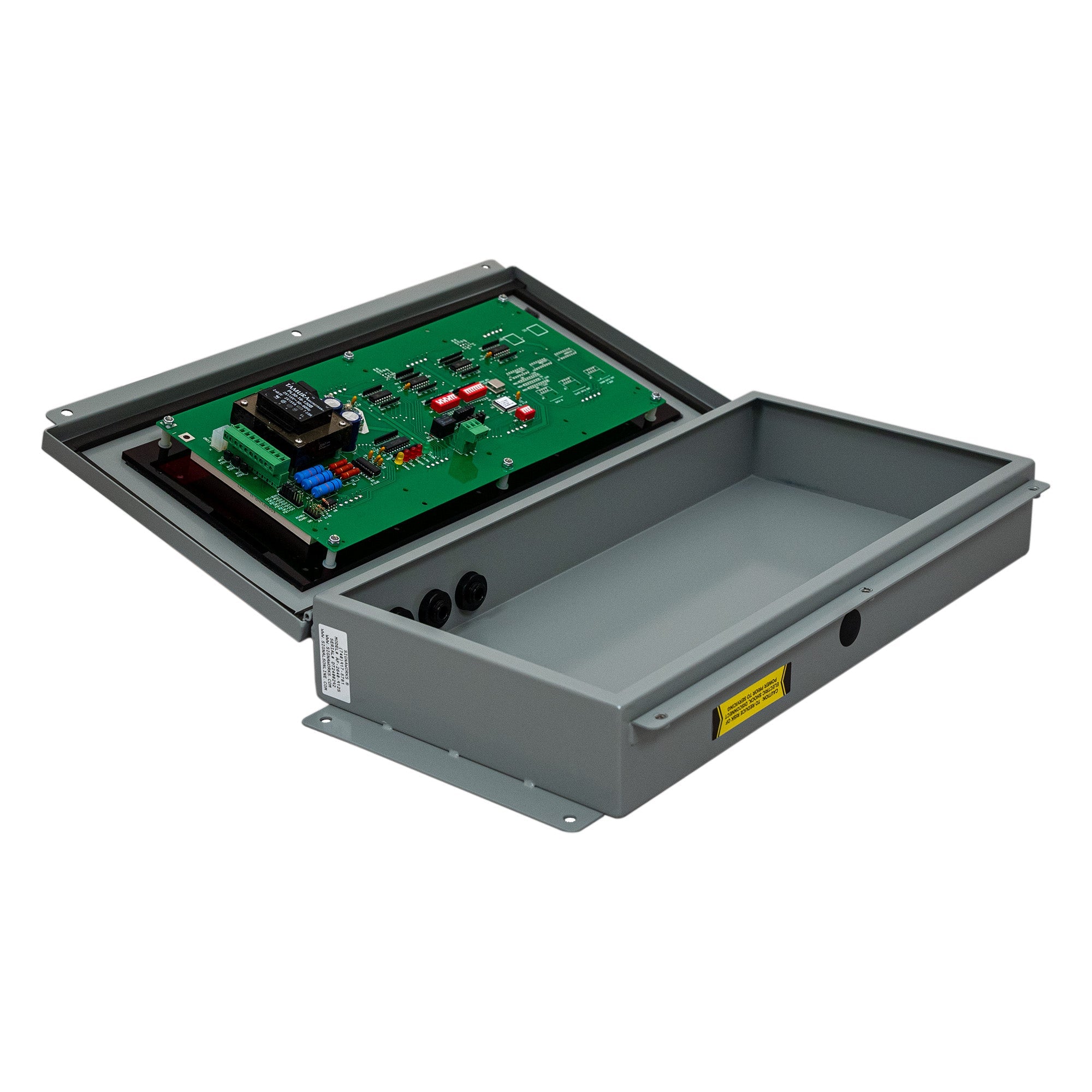 Electronic control panel with circuit board on a white background