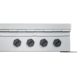 Close up of a hinged metal box with four black port holes on the side.