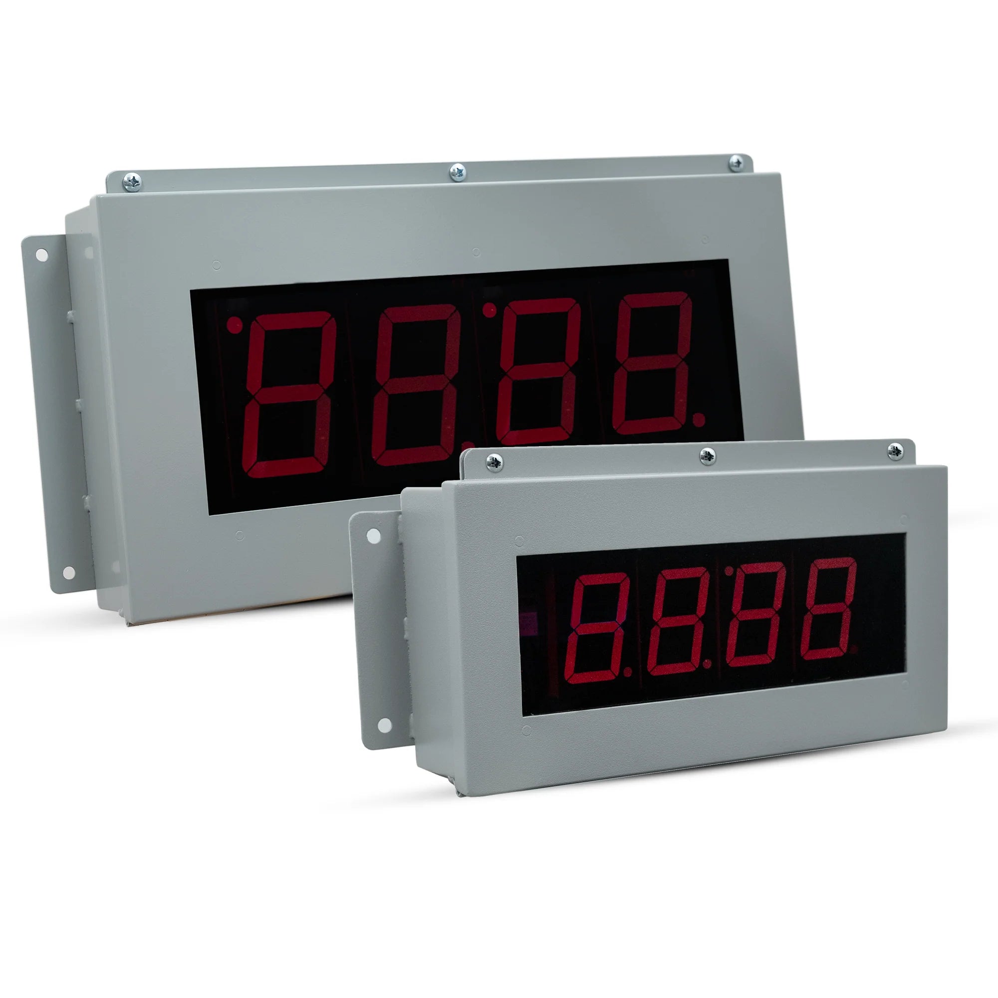 Two digital display panels with red LED digits on a white background