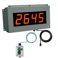 Digital counter with red LED display and control panel on a white background