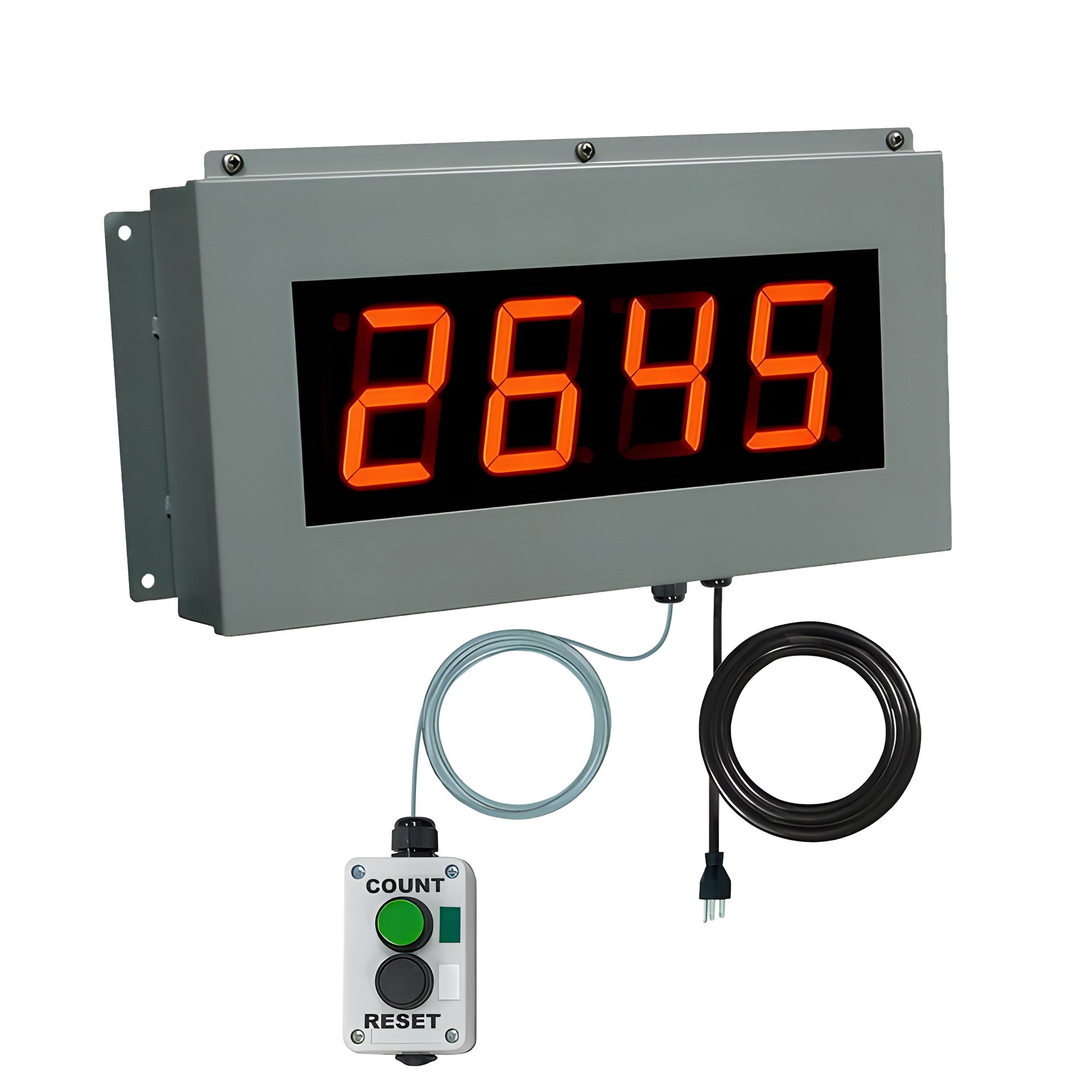 Digital counter with red LED display and control panel on a white background