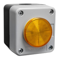 Amber signal light with 'SIGNAWORKS' branding on a white background.