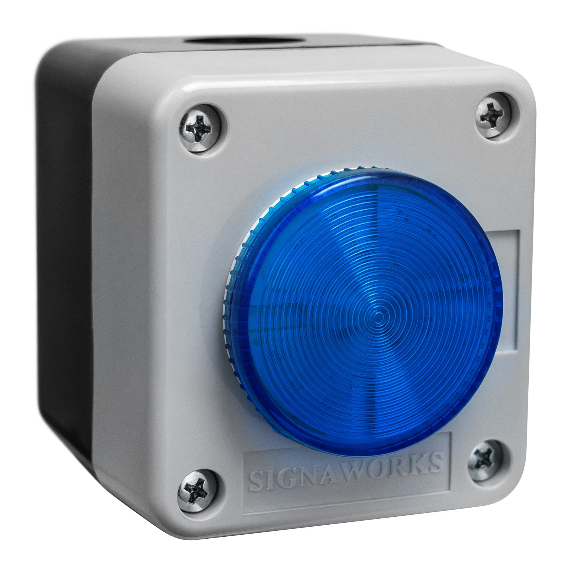 Blue signal light with 'SIGNAWORKS' branding on a white background.