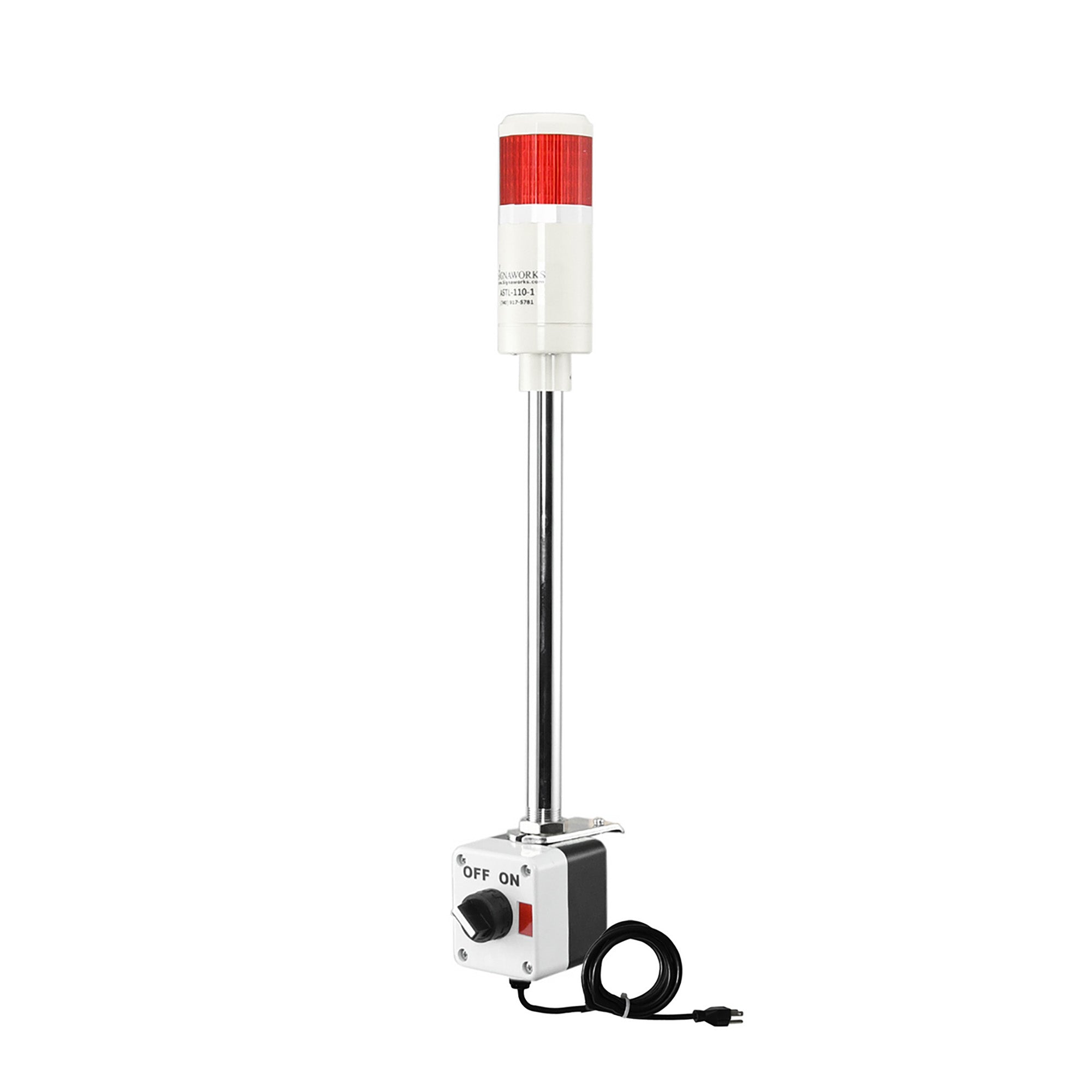 Red pole-mounted industrial signal with 2-position switch on a white background.