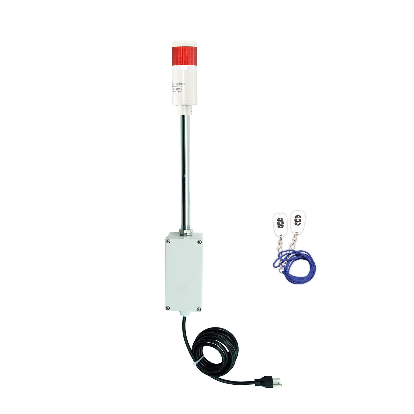 Red pole-mounted industrial signal with 2 wireless fobs on a white background.