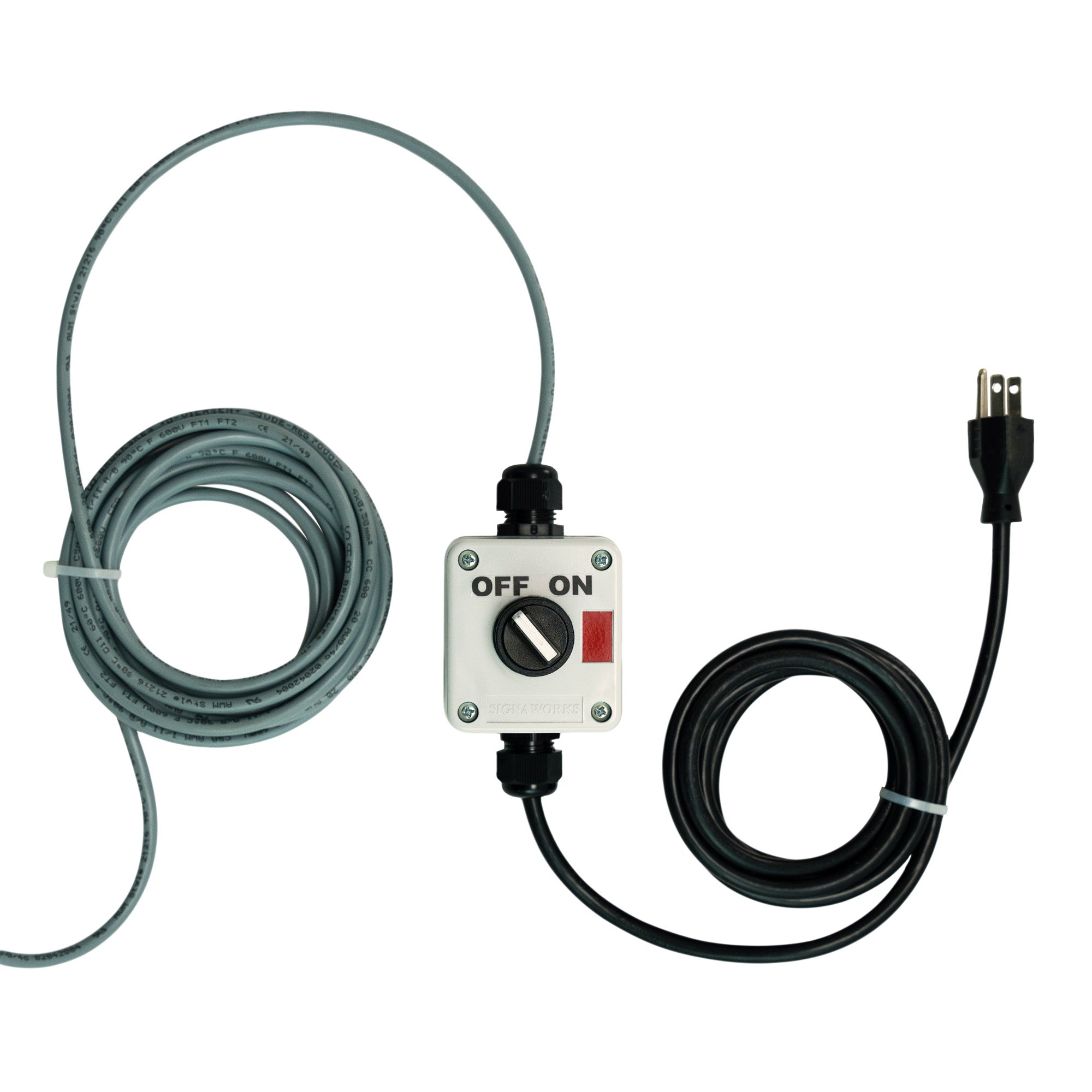 2-position switch box for a red industrial signal light with extended power cable on a white background.