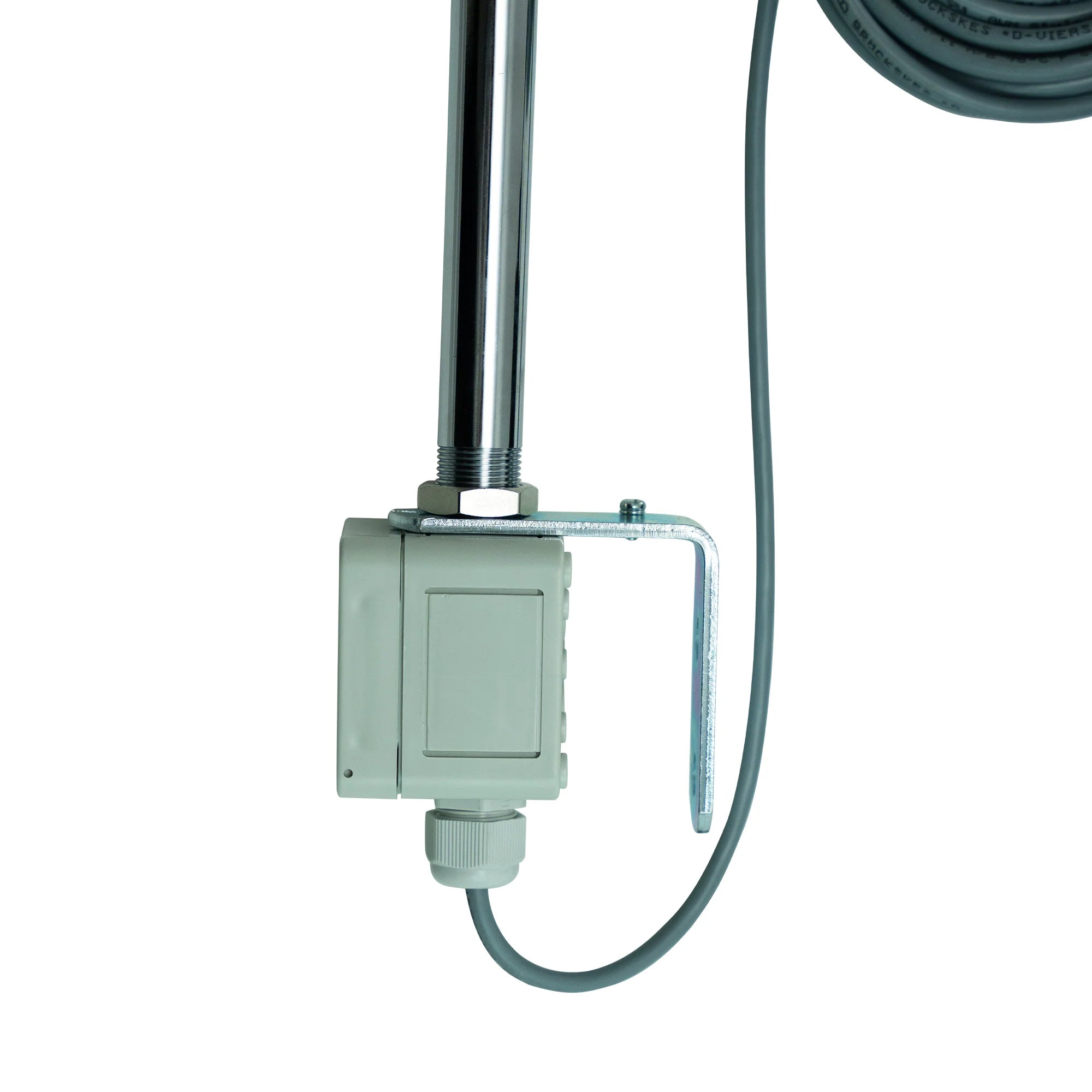 Side profile of red signal light switch box with right angle brackets and 10 foot extended power cable on a white background.