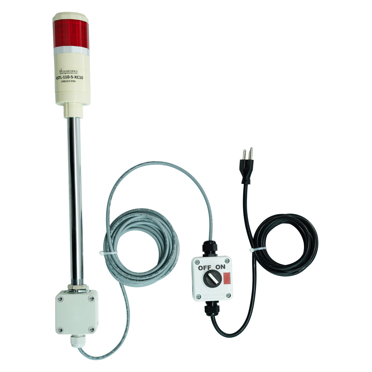 Red pole-mounted industrial signal light with a 2-position switch box and extended power cable on a white background.