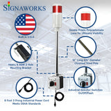 'Signaworks' branded graphic built in the U.S.A. featuring prism lenses, 8 AWG mounting bracket, chrome pole, industrial selector switch and black power cord.