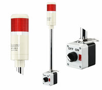 Red pole-mounted industrial signal light with a 3-position switch box and power cord on a white background.