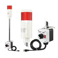 Red pole-mounted industrial signal light with a 2-position switch box and power cord; Red-Amber-Green on a white background.