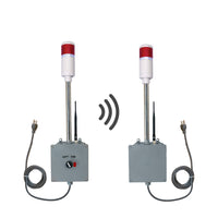Transmitter and receiver systems with red lights and antennas on a white background.