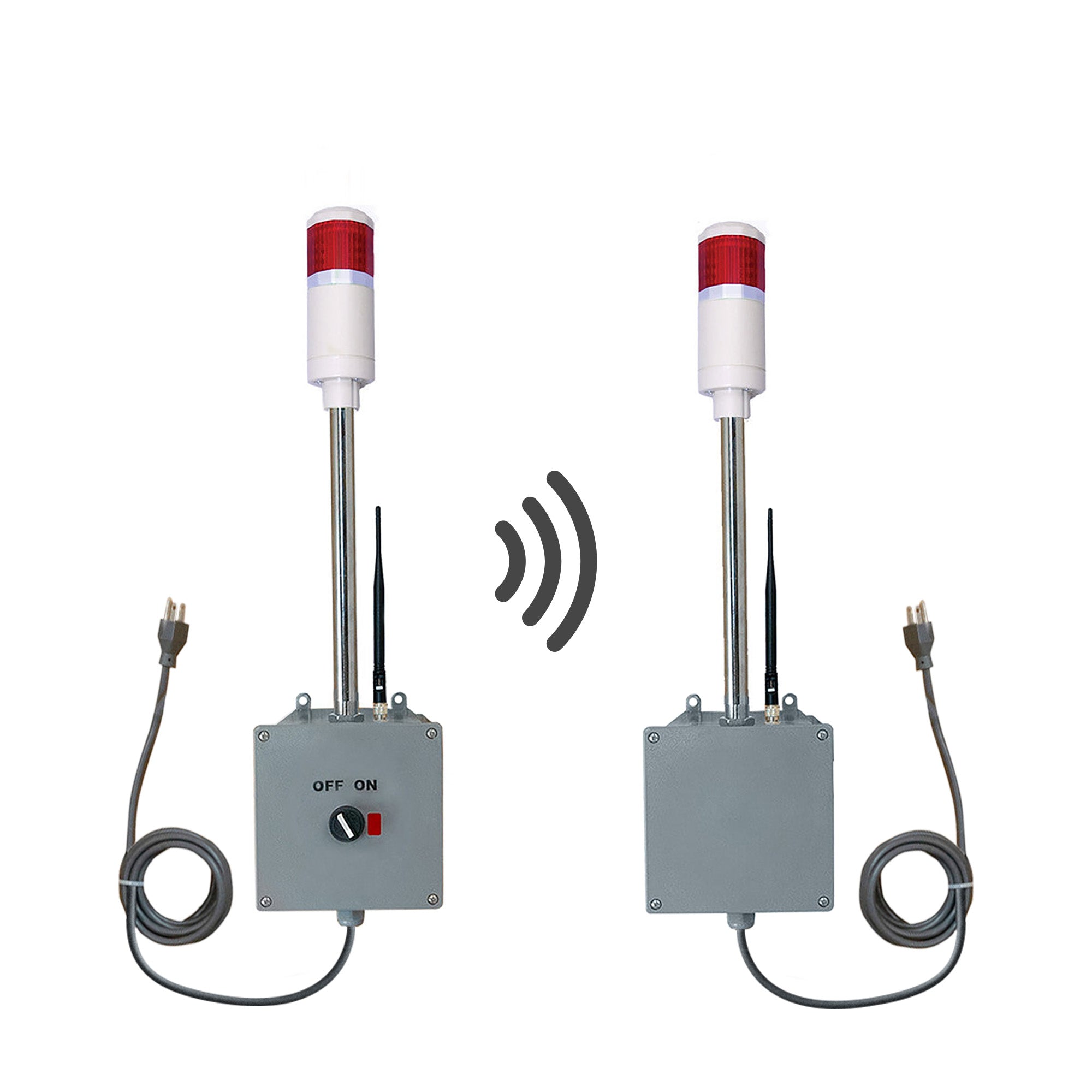 Transmitter and receiver systems with red lights and antennas on a white background.