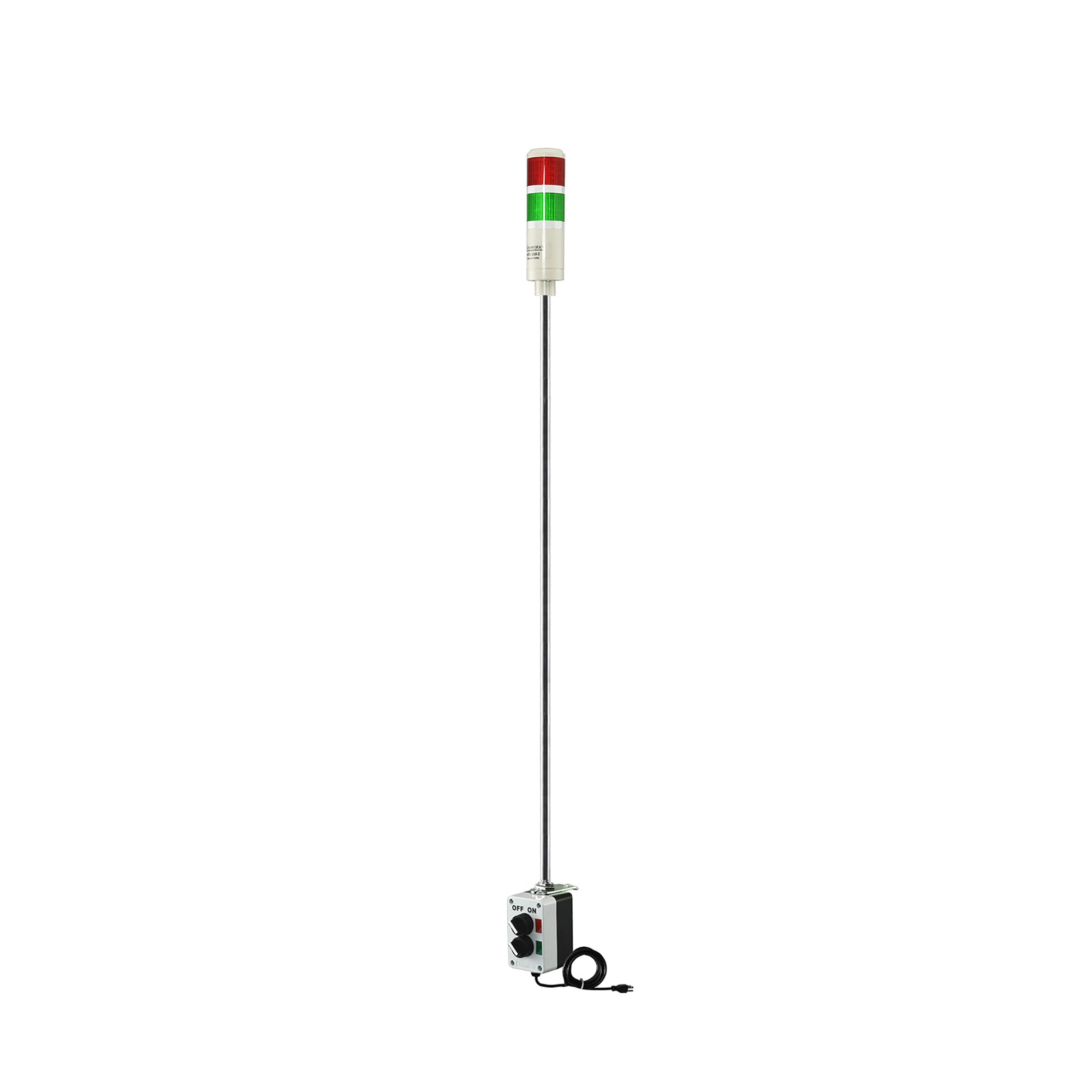 Two-Color pole-mounted industrial signal with 2-position switches on a white background; Red-Green.