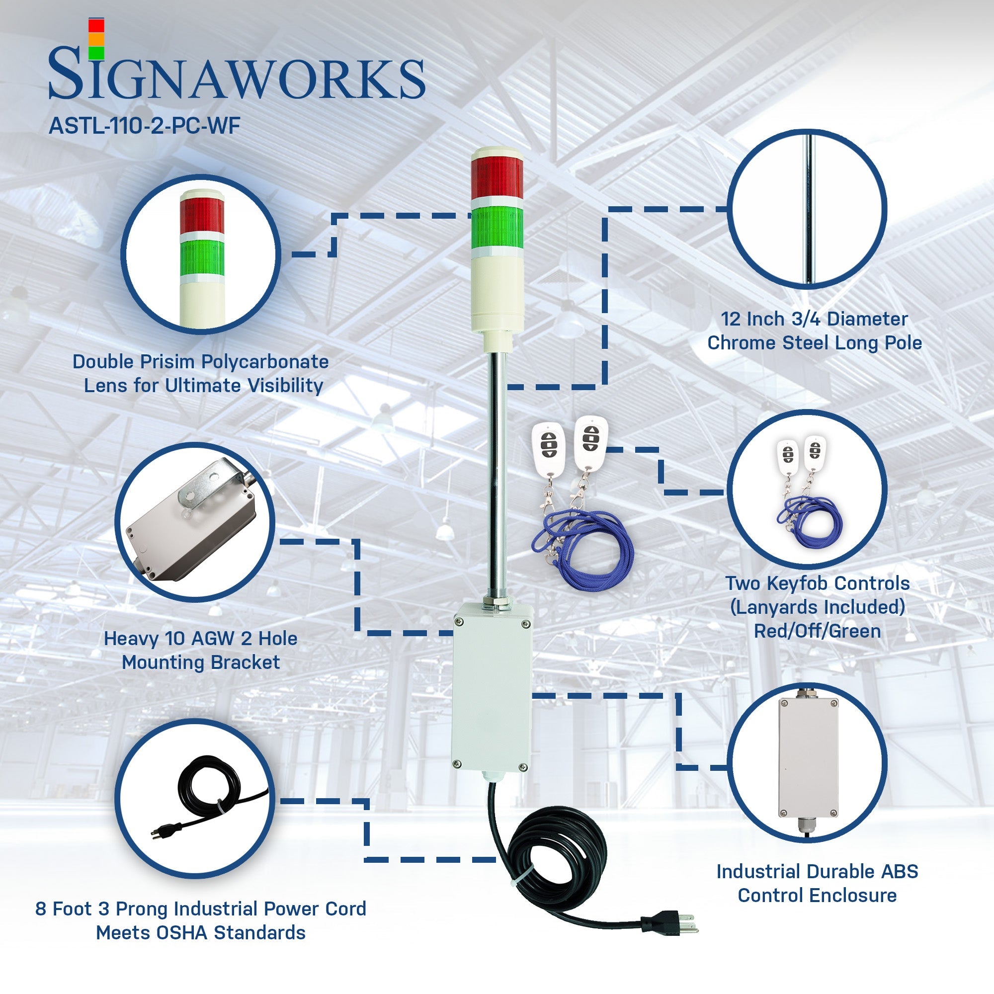 Graphic of a two-color industrial signal with 2 wireless key fobs.