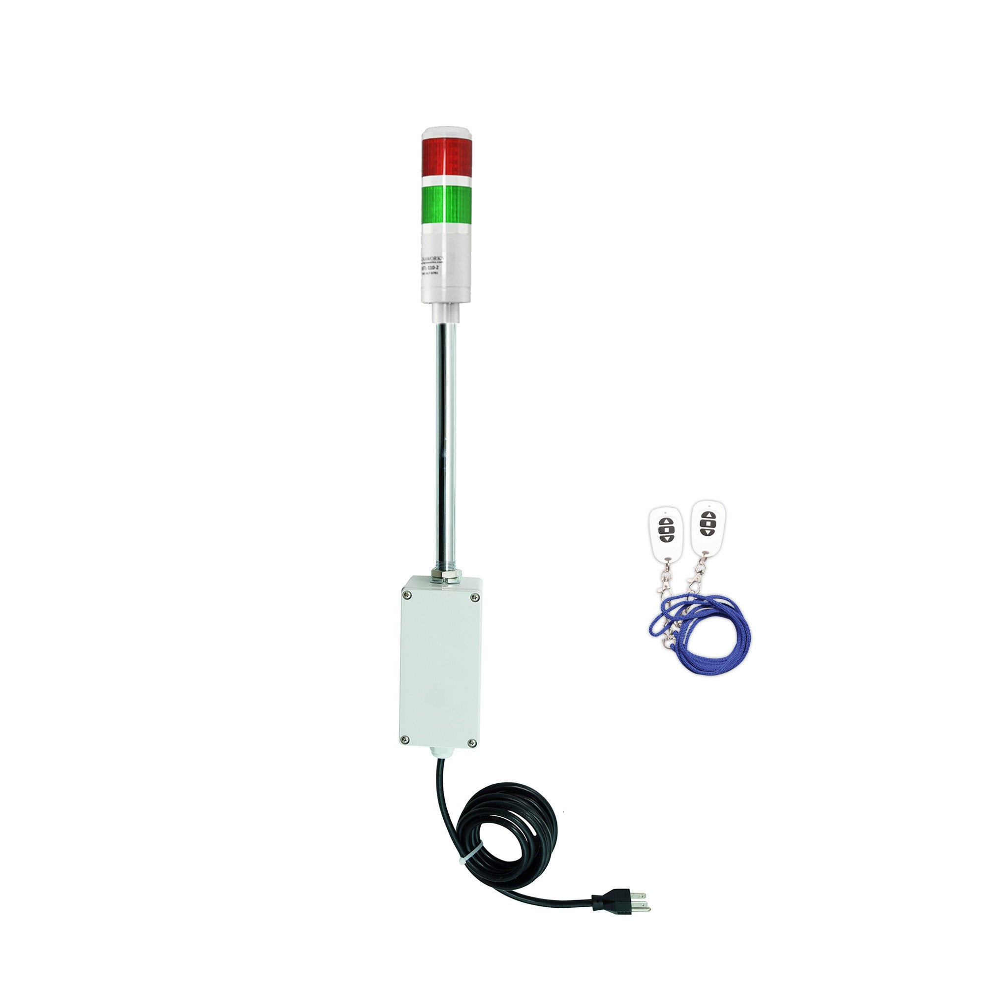 Two-color pole-mounted industrial signal with 2 wireless fobs on a white background.