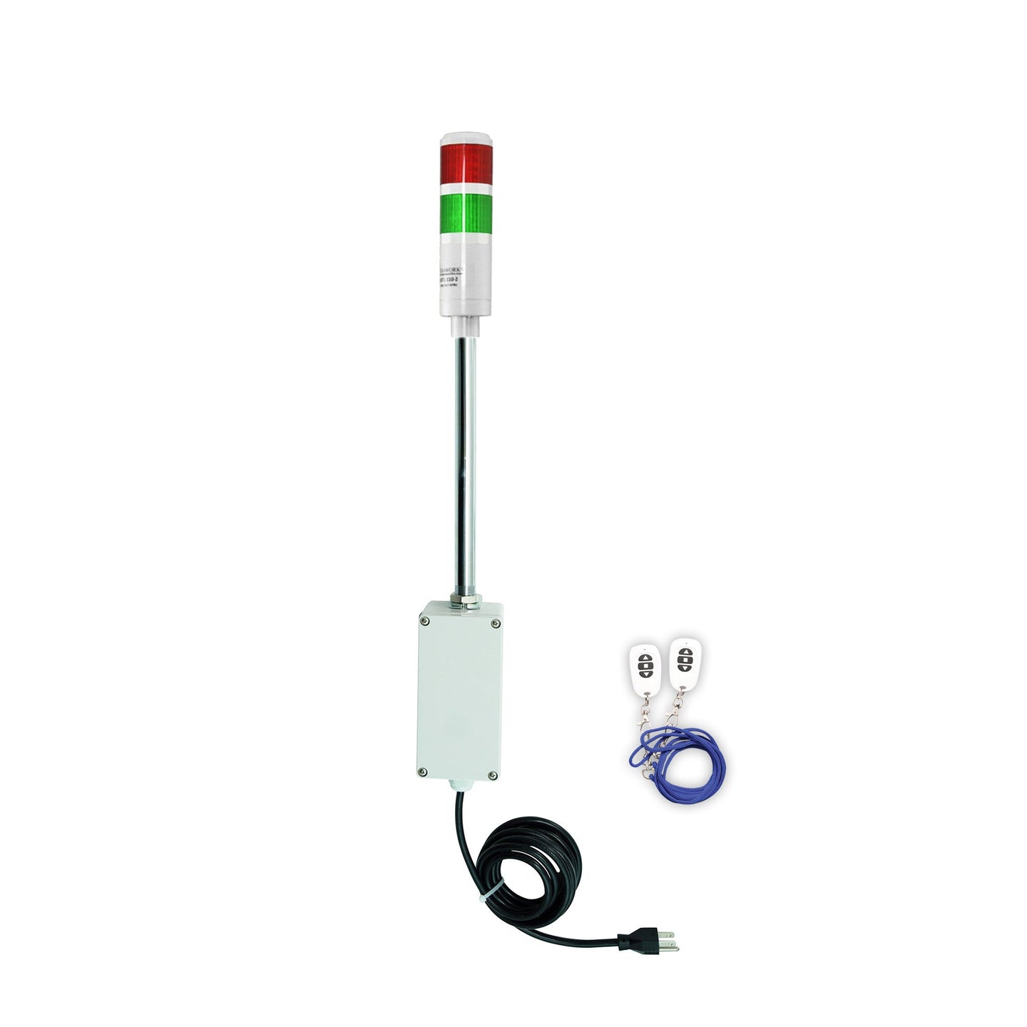 Two-color pole-mounted industrial signal with 2 wireless fobs on a white background; Red-Green.