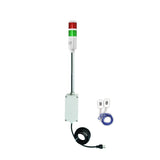Two-color pole-mounted industrial signal with 2 wireless fobs on a white background; Red-Green.