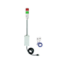 Two-color pole-mounted industrial signal with 2 wireless fobs on a white background; Red-Green.