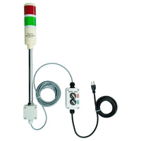 Two-color pole-mounted industrial signal light with a 2-position switch box and extended power cable; Red-Green on a white background.