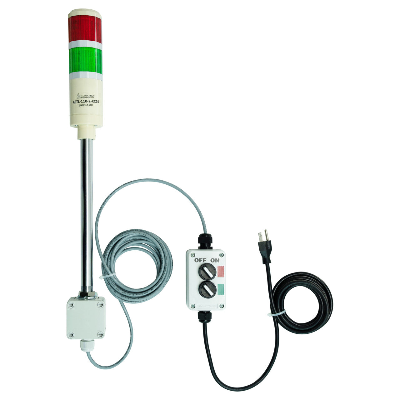 Two-color pole-mounted industrial signal light with a 2-position switch box and extended power cable; Red-Green on a white background.