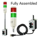 Three-color pole-mounted industrial signal light with a 2-position switch box and power cord; Red-Amber-Green on a white background.