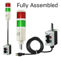 Three-color pole-mounted industrial signal light with a 2-position switch box and power cord; Red-Amber-Green on a white background.