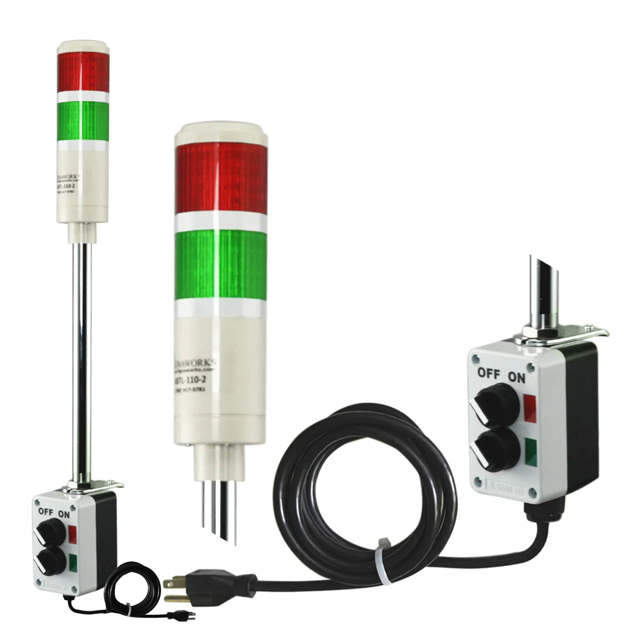 Three-color pole-mounted industrial signal light with a 2-position switch box and power cord; Red-Amber-Green on a white background.