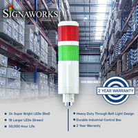 Graphic with warehouse in background illustrating product features and 2-year warranty icon and 'Signaworks' branding.