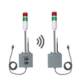 Transmitter and receiver systems with red and lights and antennas on a white background.