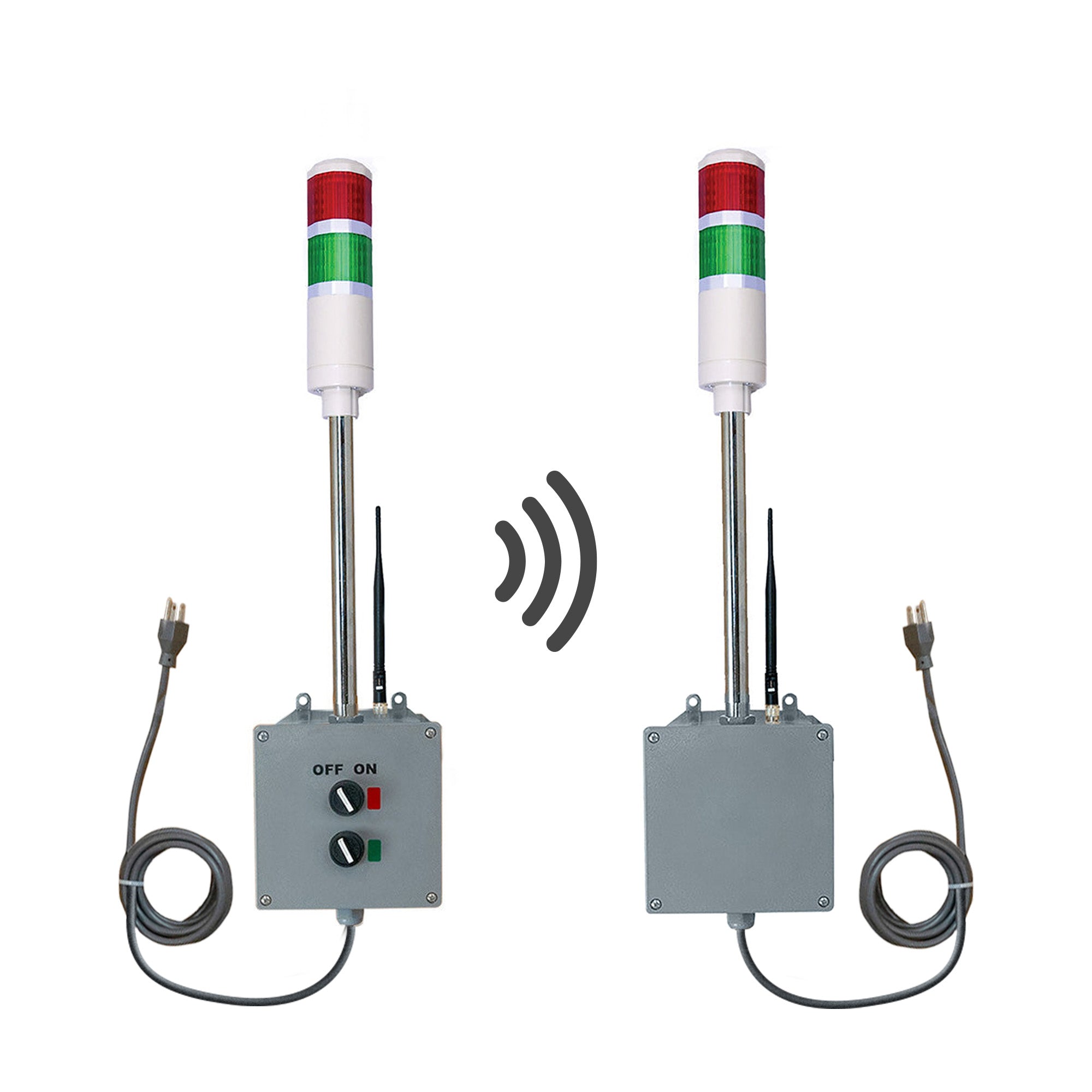 Transmitter and receiver systems with red and lights and antennas on a white background.