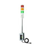 Three-color pole-mounted industrial signal with 2-position switch on a white background; Red-Amber-Green.
