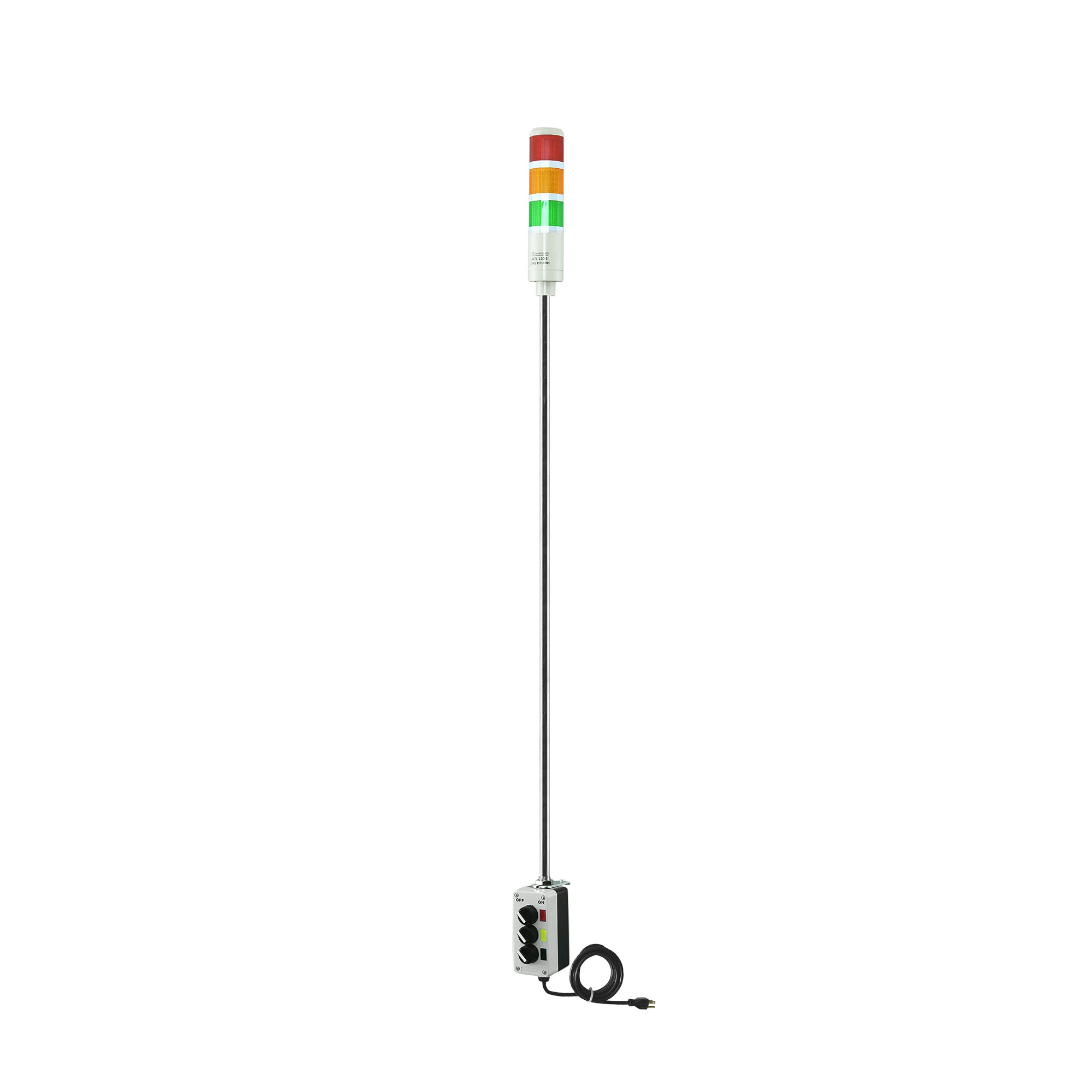Three-Color pole-mounted industrial signal with 2-position switches on a white background; Red-Amber-Green.