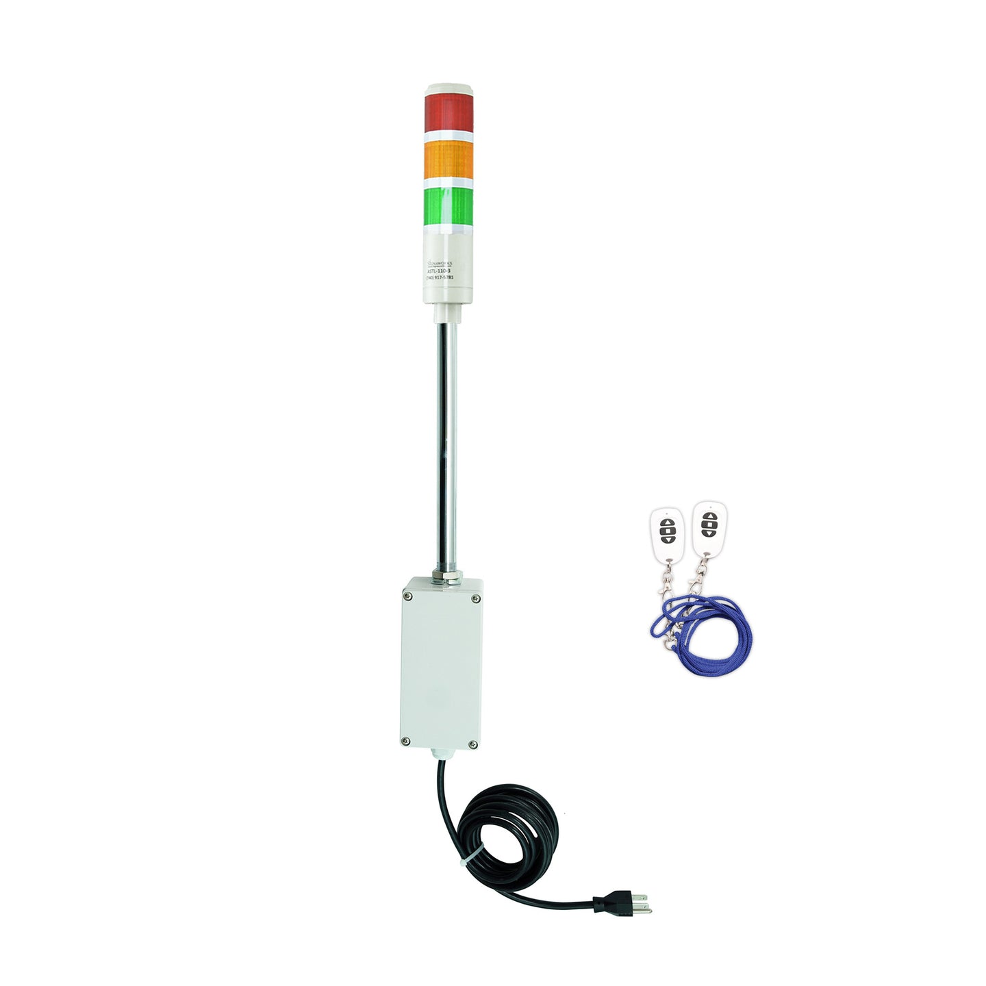 Three-color pole-mounted industrial signal with 2 wireless fobs on a white background; Red-Amber-Green.