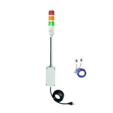 Three-color pole-mounted industrial signal with 2 wireless fobs on a white background; Red-Amber-Green.