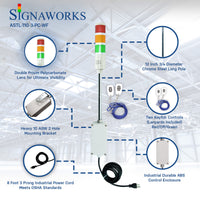 Graphic featuring 3-color pole-mounted industrial signal light denoting prism lens construction, chrome pole dimensions, mounting bracket, key fob, power cord and enclosure durability on a loading dock overlay background.