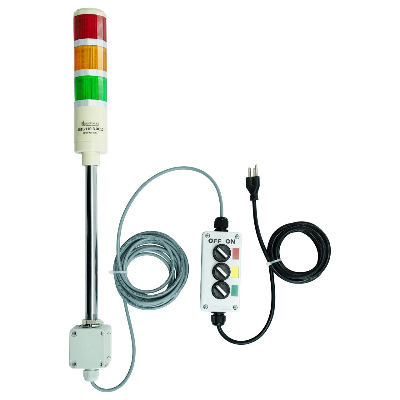 Three-color pole-mounted industrial signal light with a 2-position switch box and extended power cable; Red-Amber-Green on a white background.