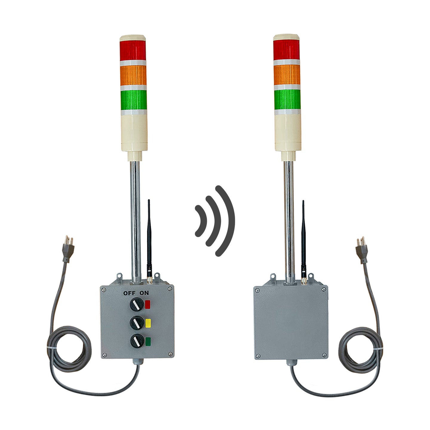 Two industrial signal lights with control panels on a white background.