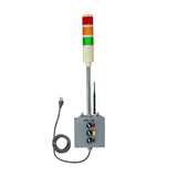 Control panel with red, yellow, and green lights on a white background.