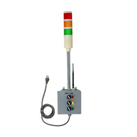 Control panel with red, yellow, and green lights on a white background.