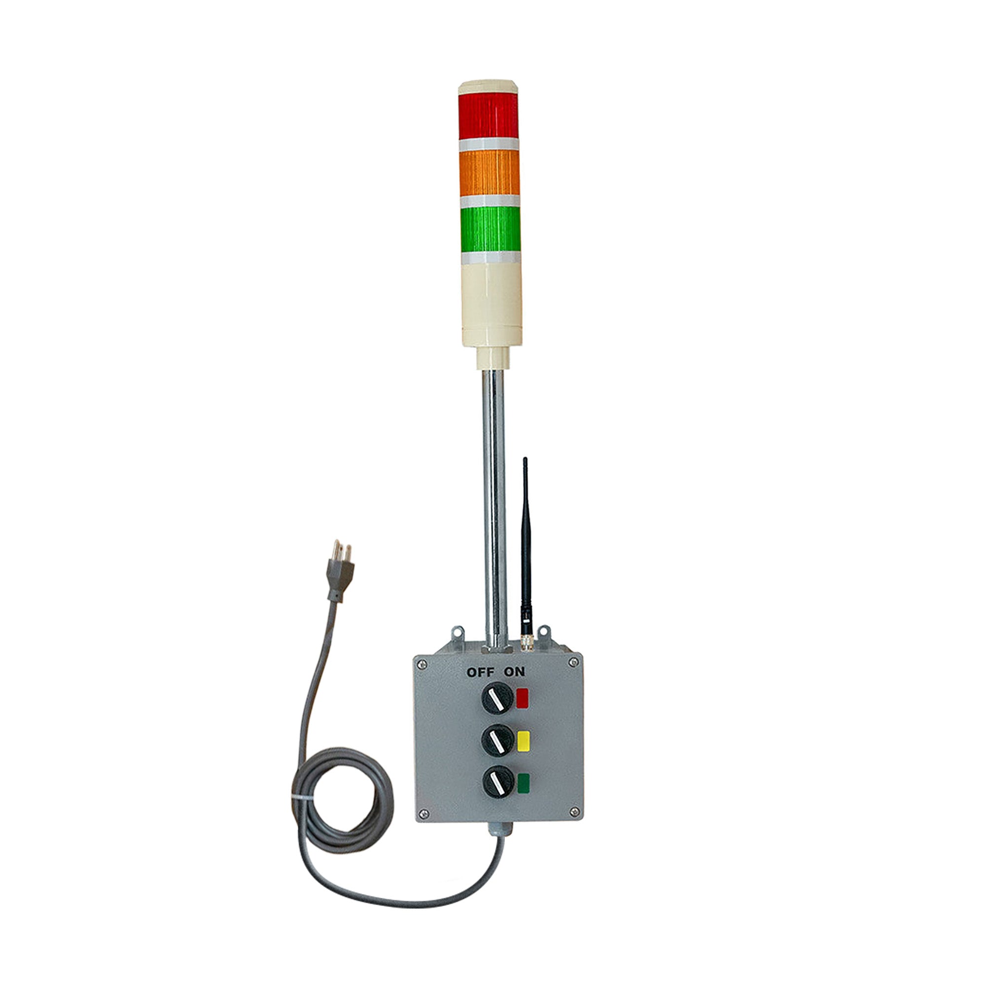 Control panel with red, yellow, and green lights on a white background.