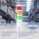 A Signaworks branded graphic depicting a 3-color pole-mounted tower light featuring a 2-year warranty icon and information about the LEDs on a warehouse overlay background.