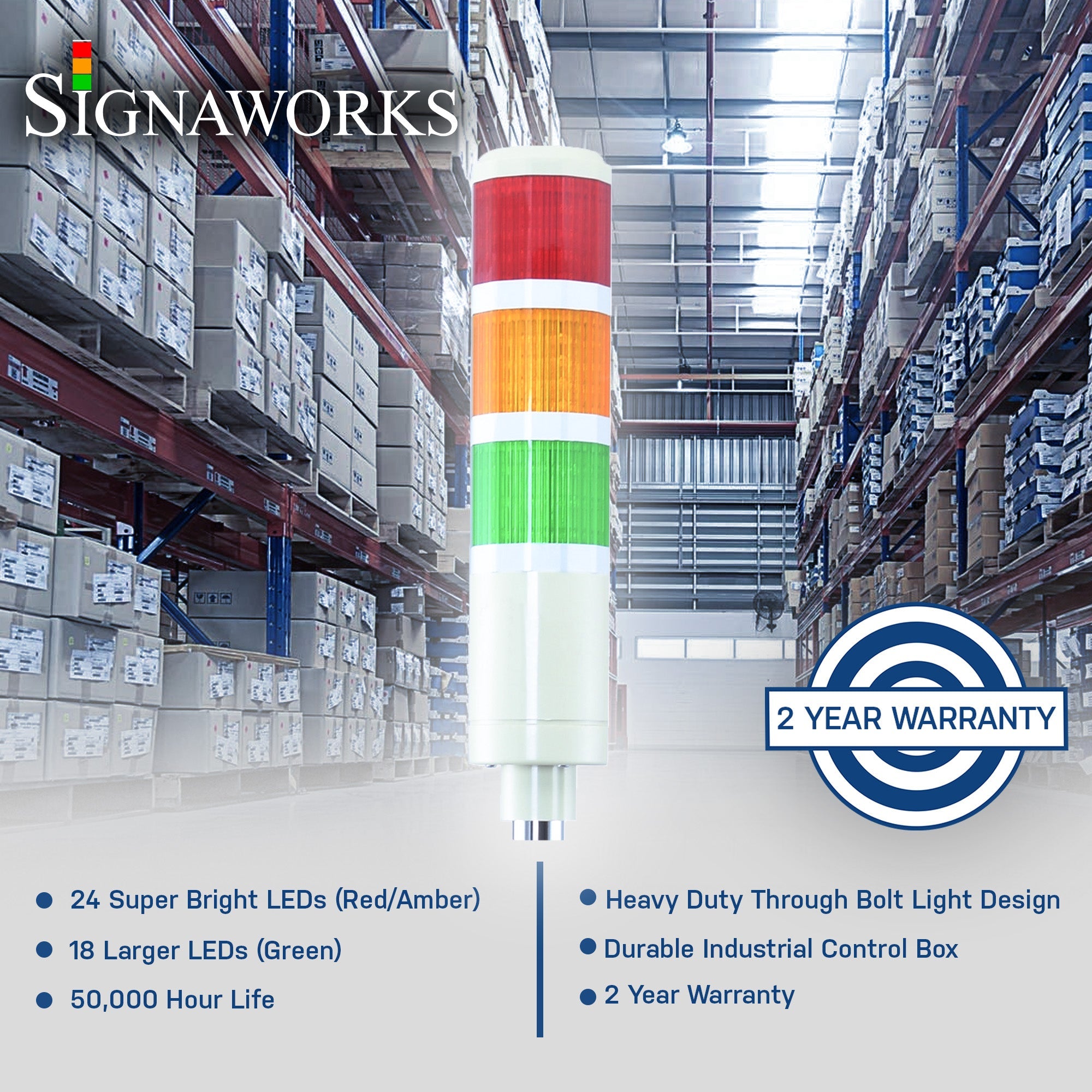 A Signaworks branded graphic depicting a 3-color pole-mounted tower light featuring a 2-year warranty icon and information about the LEDs on a warehouse overlay background.